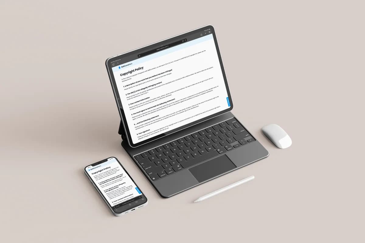 BellCurveHero copyright policy displayed on a tablet with keyboard and a phone.