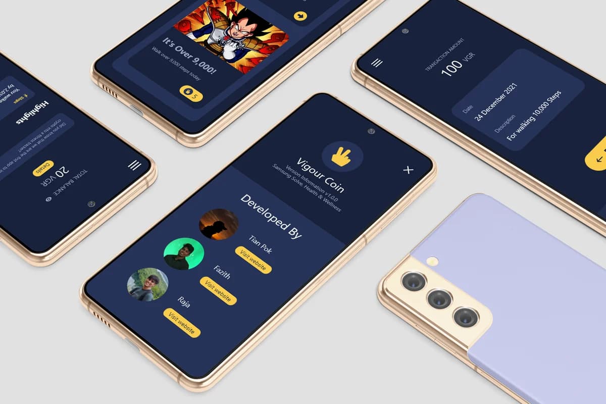 Vigour fitness app screens on Android phones, showing step rewards and Vigour Coin.